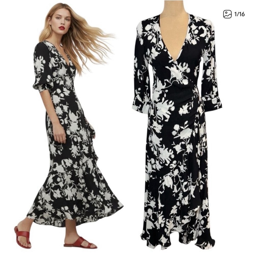 Johanna Ortiz x H&M Women's Size XL Black and White Floral Crepe Wrap Dress